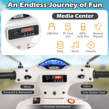 12V Kids Electric Motorcycle Licensed VESPA with Music and Training Wheels-White