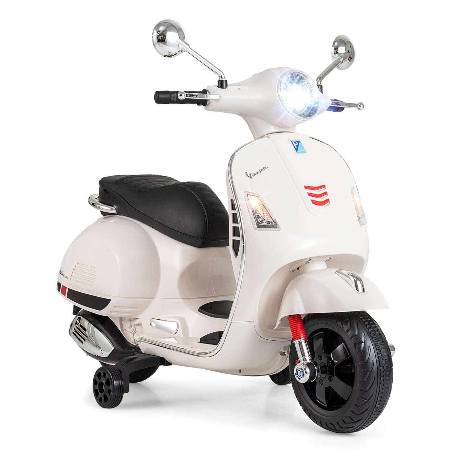 12V Kids Electric Motorcycle Licensed VESPA with Music and Training Wheels-White