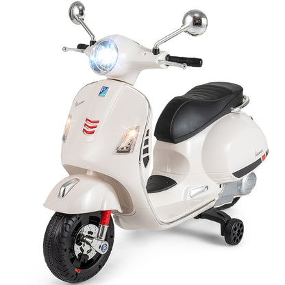 12V Kids Electric Motorcycle Licensed VESPA with Music and Training Wheels-White