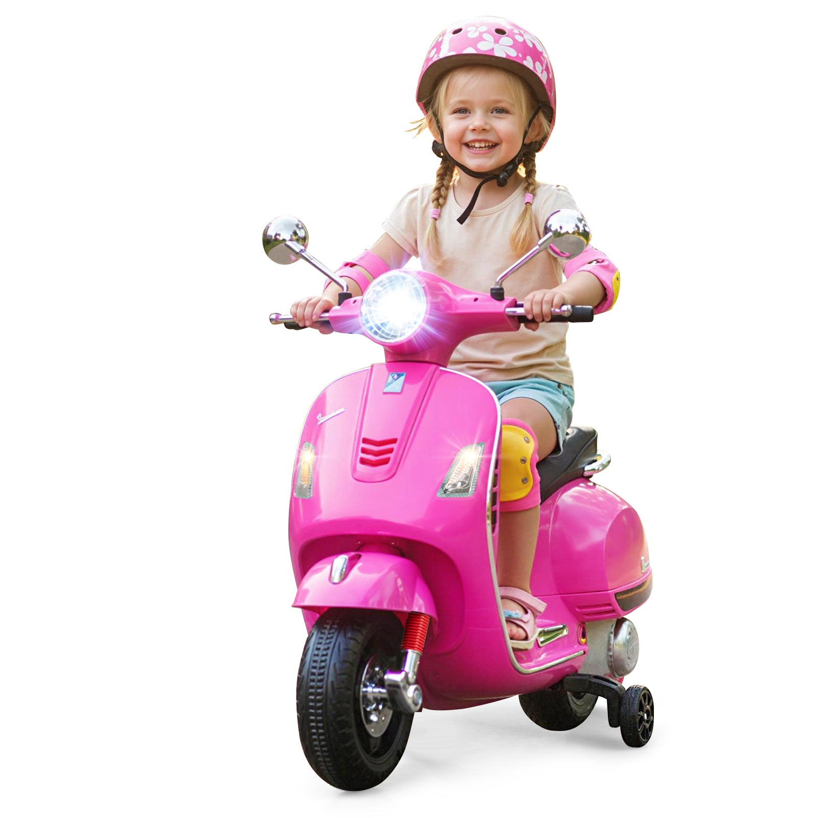 12V Kids Electric Motorcycle Licensed VESPA with Music and Training Wheels-Pink