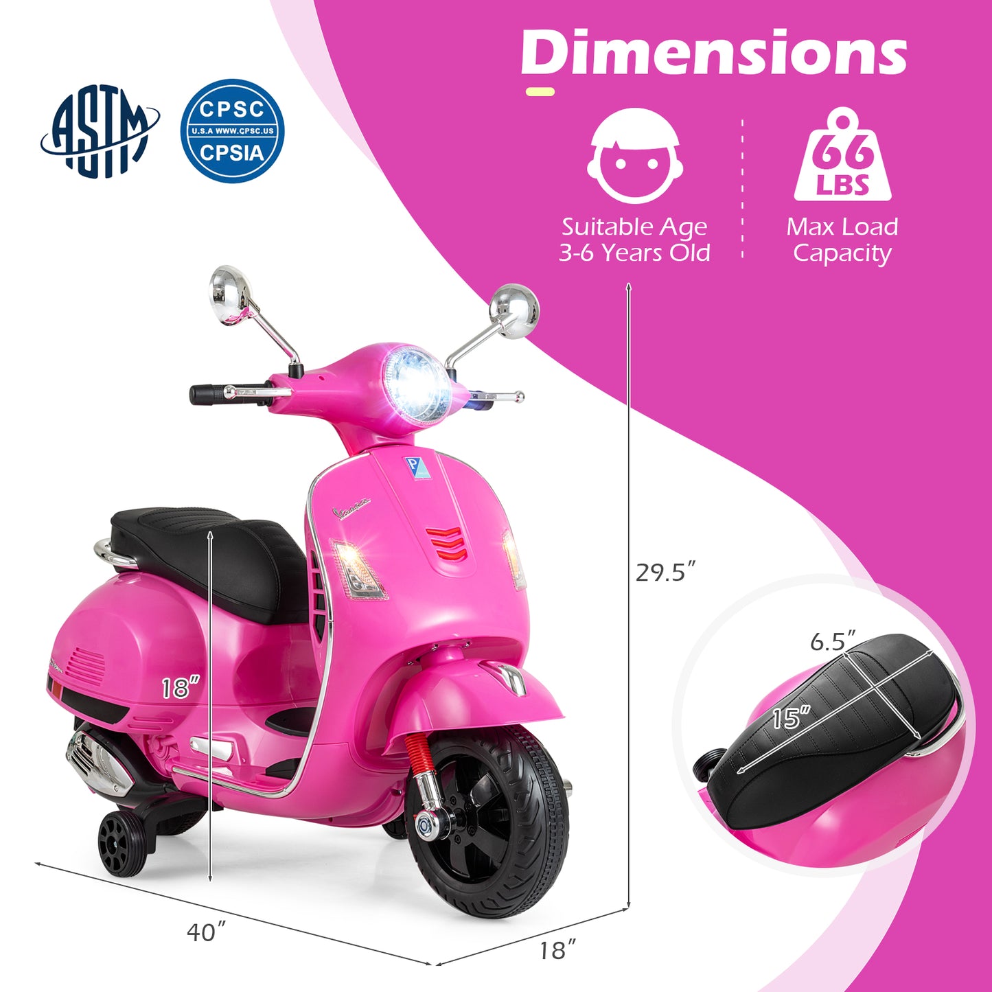 12V Kids Electric Motorcycle Licensed VESPA with Music and Training Wheels-Pink