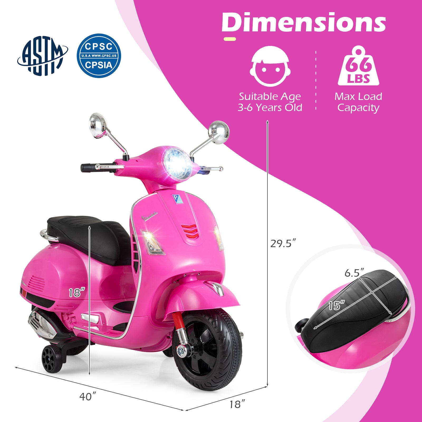 12V Kids Electric Motorcycle Licensed VESPA with Music and Training Wheels-Pink