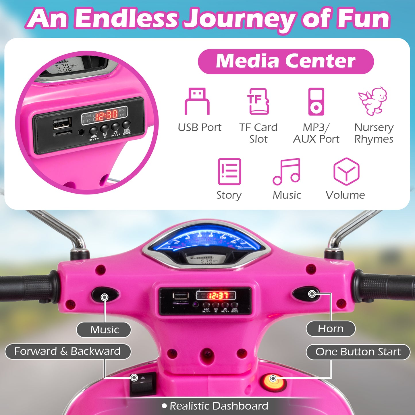 12V Kids Electric Motorcycle Licensed VESPA with Music and Training Wheels-Pink