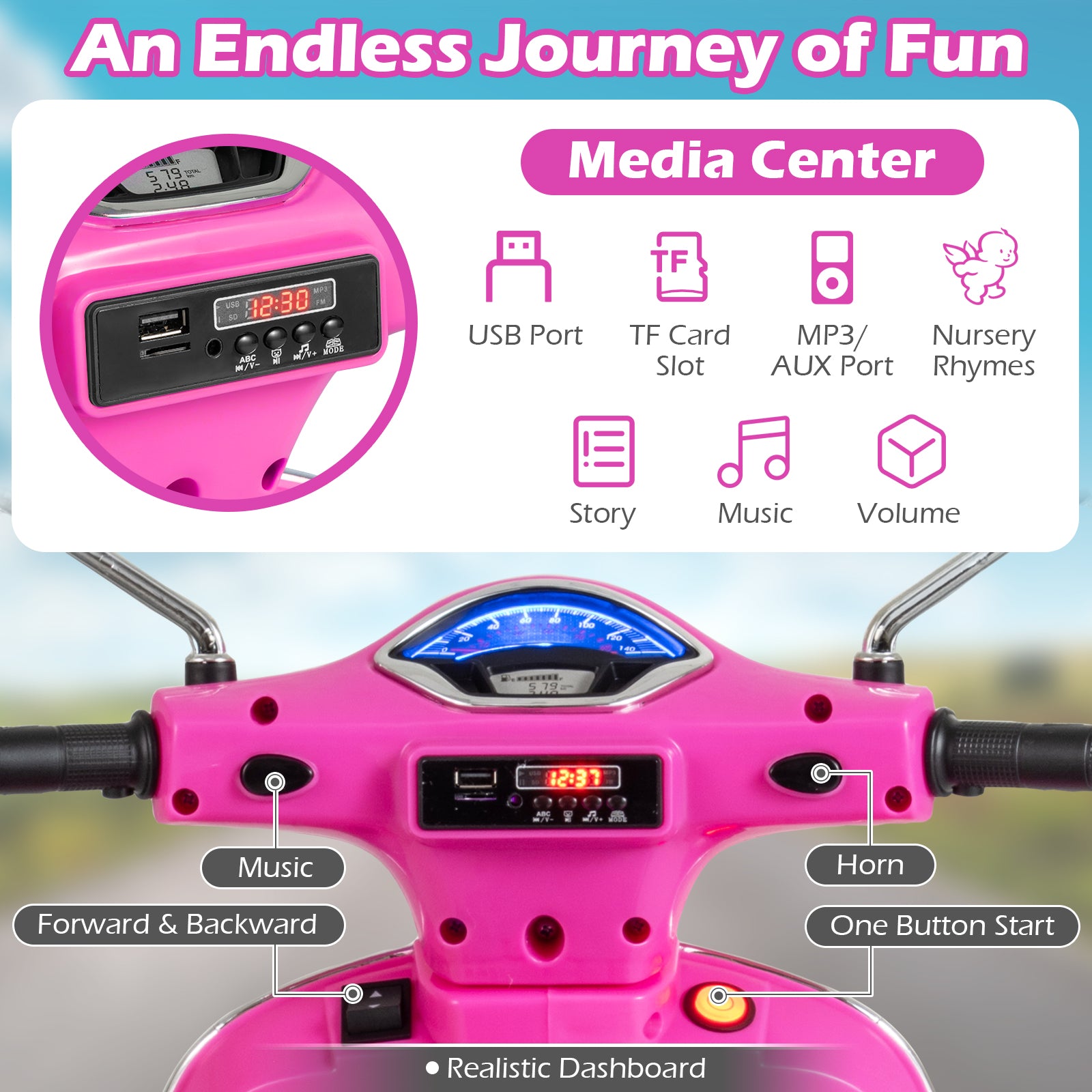 12V Kids Electric Motorcycle Licensed VESPA with Music and Training Wheels-Pink