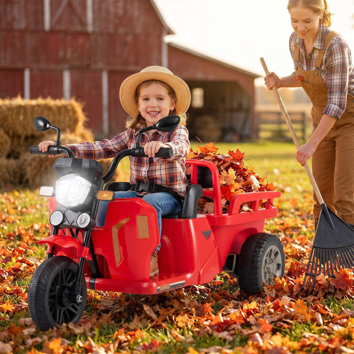 12V Kids Motorcycle with 3 Wheels and Trailer and Shovel Ride On Tractor