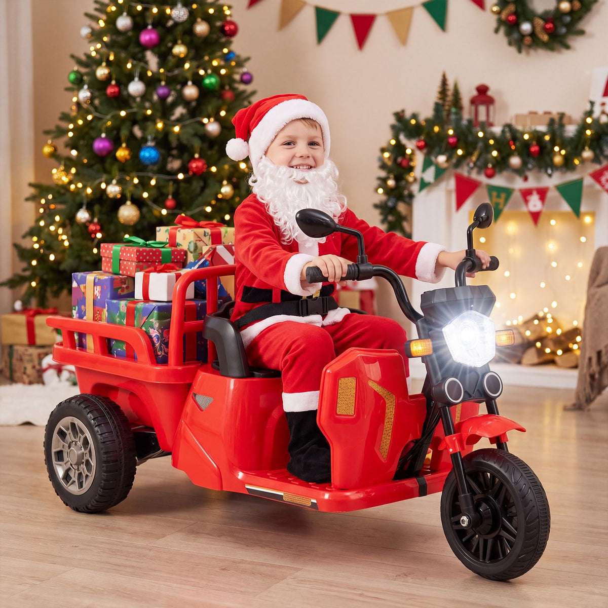 12V Kids Motorcycle with 3 Wheels and Trailer and Shovel Ride On Tractor