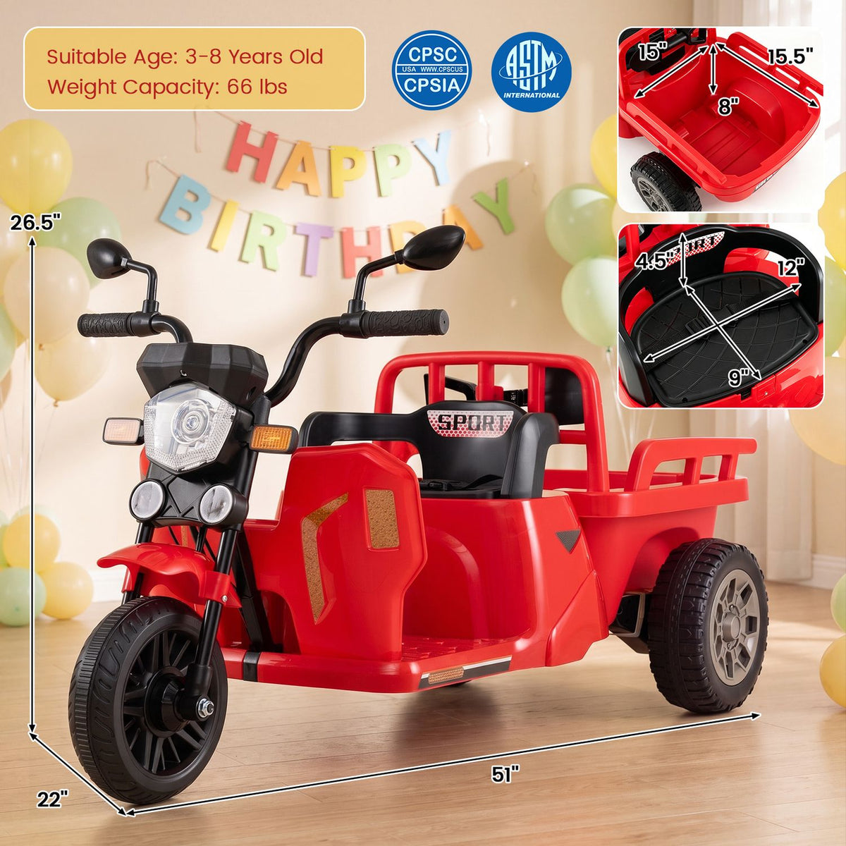 12V Kids Motorcycle with 3 Wheels and Trailer and Shovel Ride On Tractor