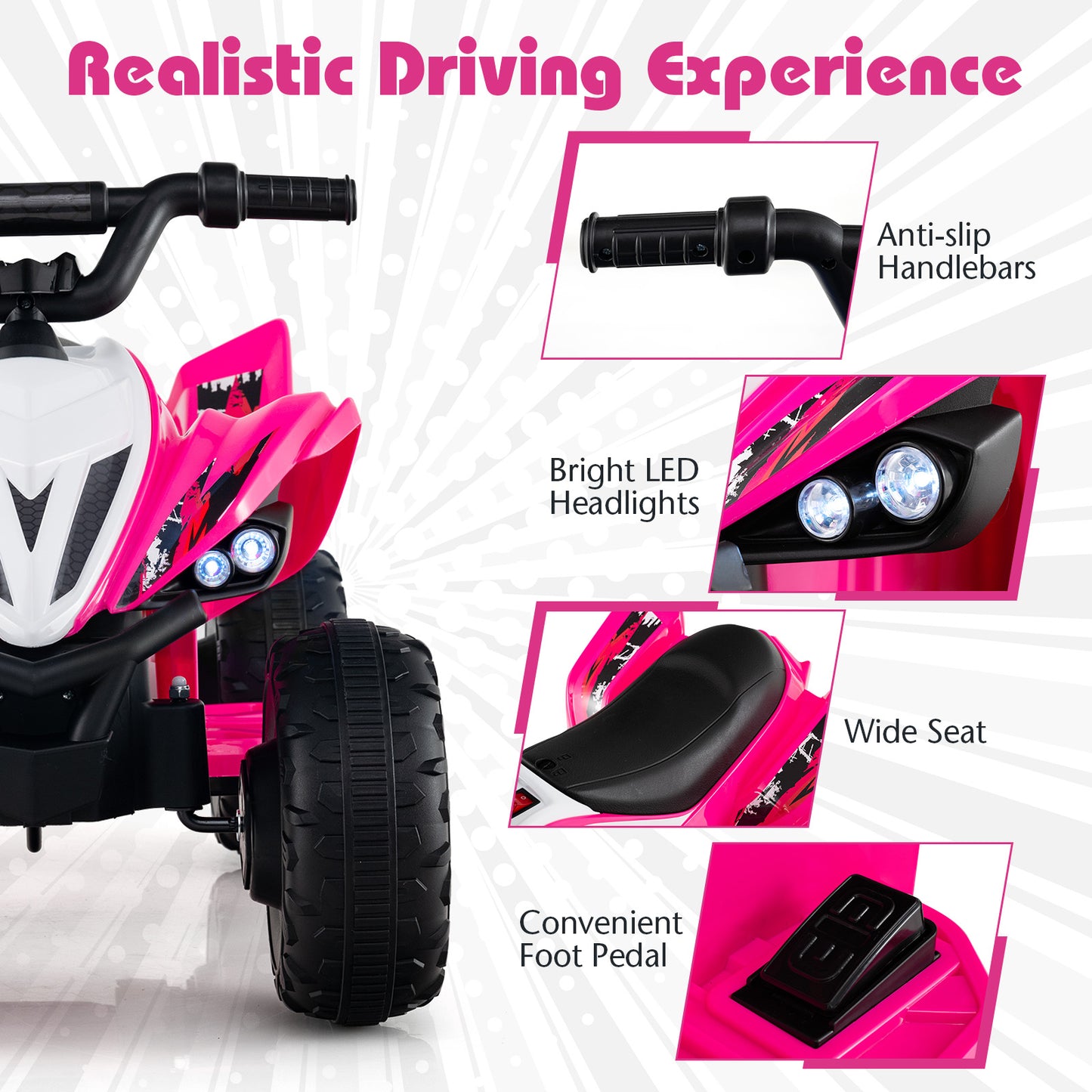 12V Kids Ride On ATV 4-Wheeler Quad with LED Lights and 7 mph Max Speed-Pink