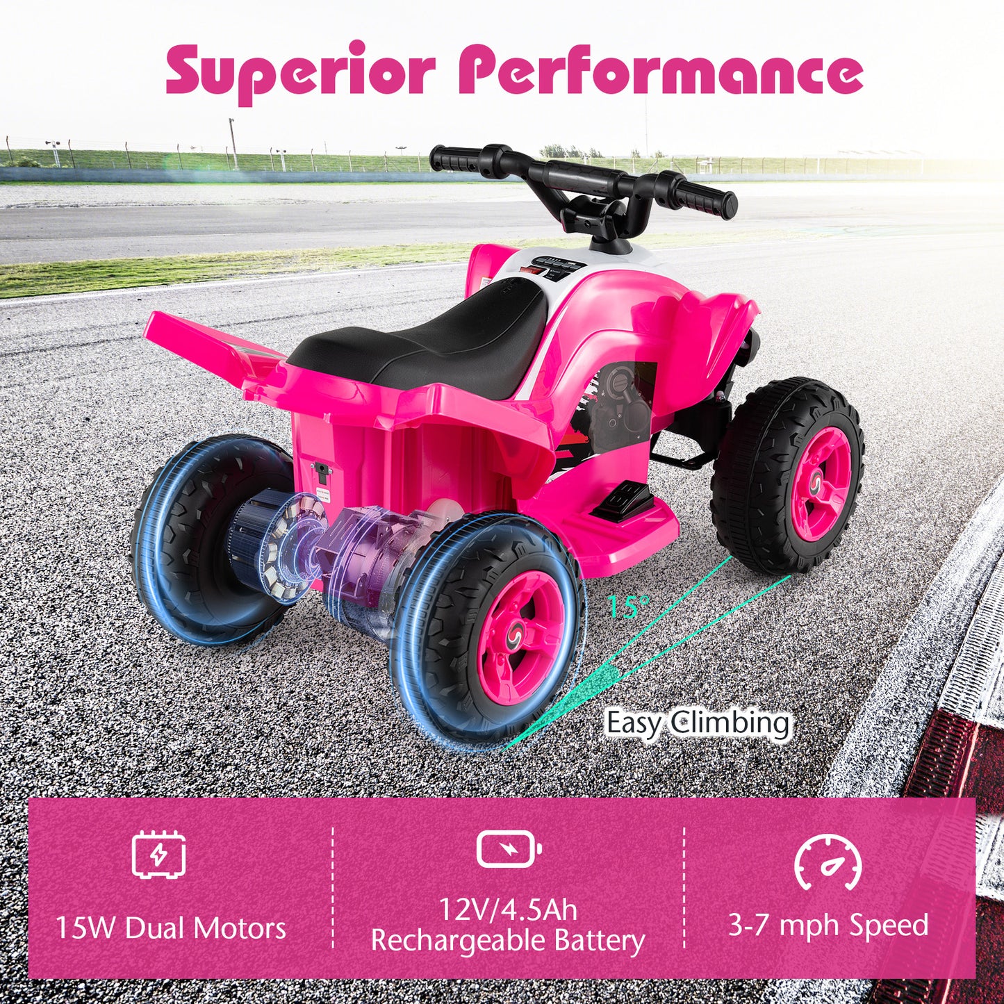 12V Kids Ride On ATV 4-Wheeler Quad with LED Lights and 7 mph Max Speed-Pink