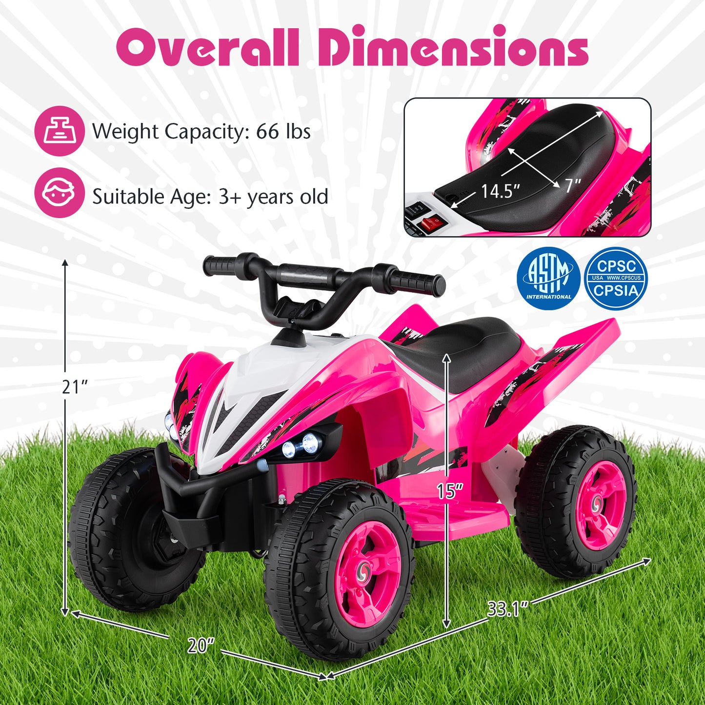 12V Kids Ride On ATV 4-Wheeler Quad with LED Lights and 7 mph Max Speed-Pink