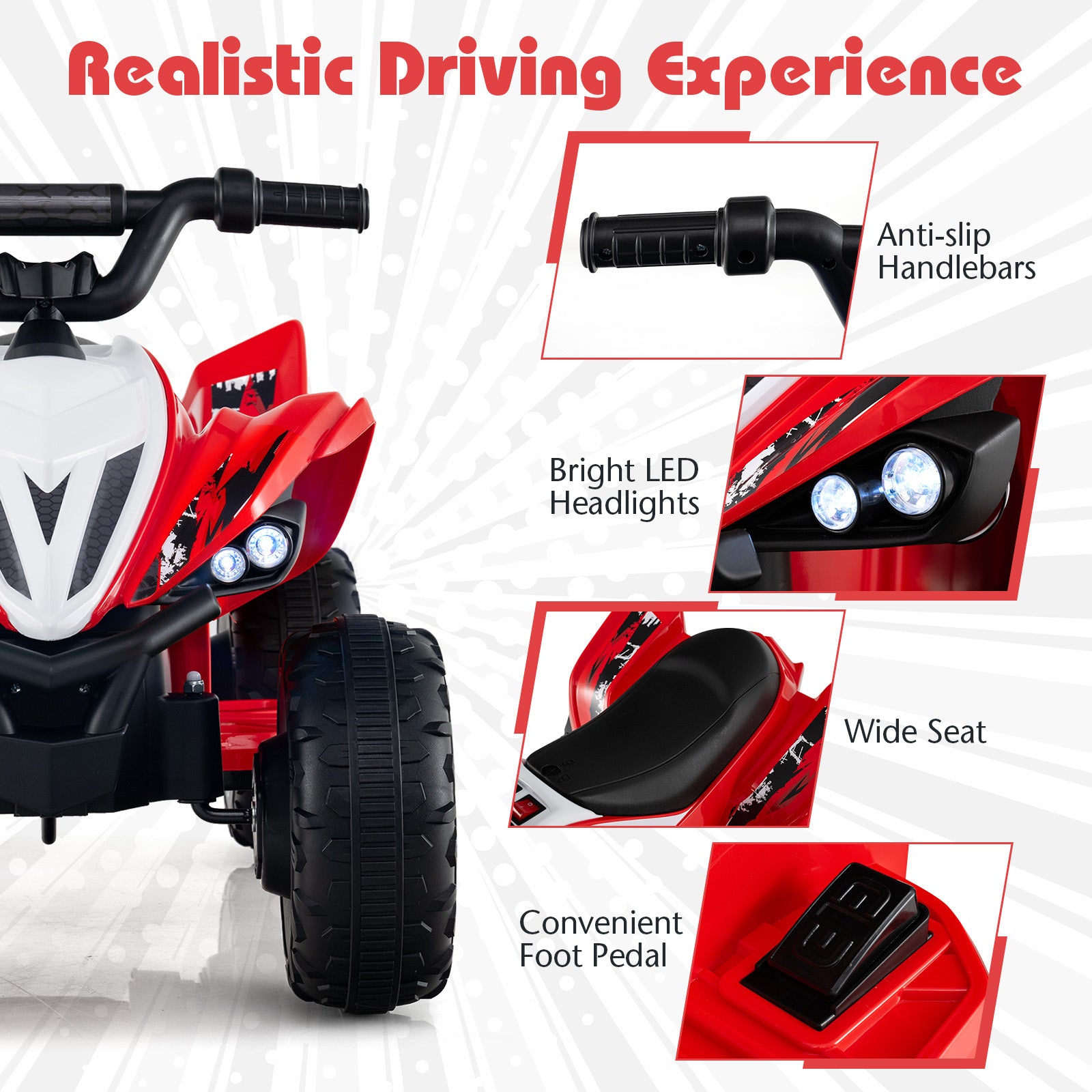 12V Kids Ride On ATV 4-Wheeler Quad with LED Lights and 7 mph Max Speed-Red