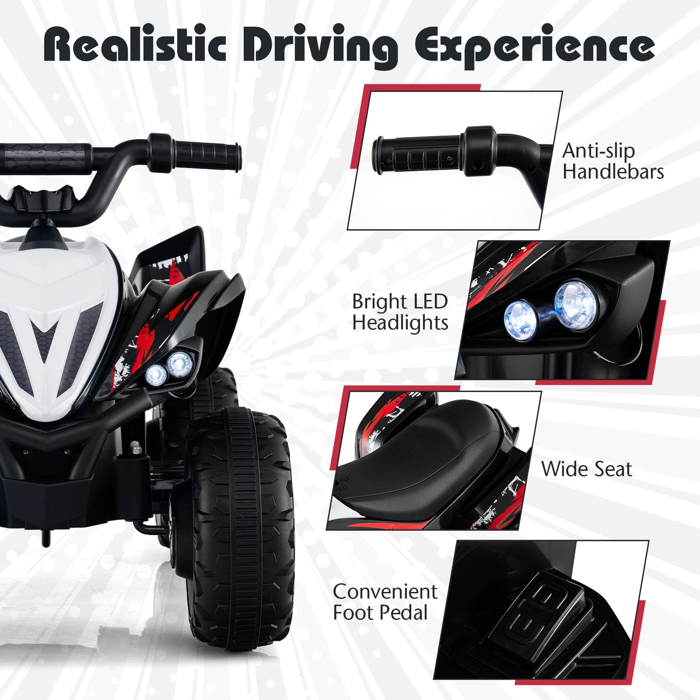 12V Kids Ride On ATV 4-Wheeler Quad with LED Lights and 7 mph Max Speed-Black