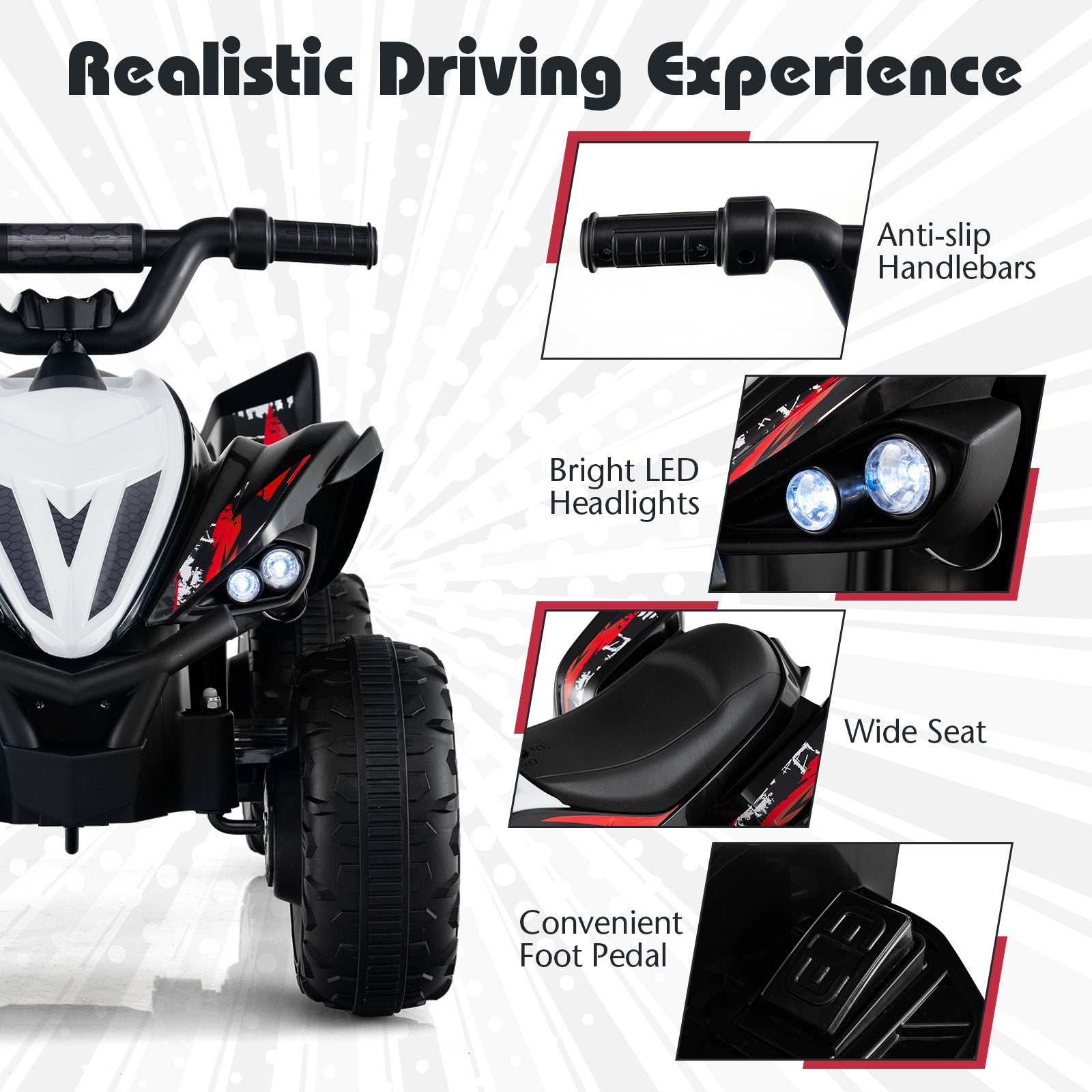 12V Kids Ride On ATV 4-Wheeler Quad with LED Lights and 7 mph Max Speed-Black