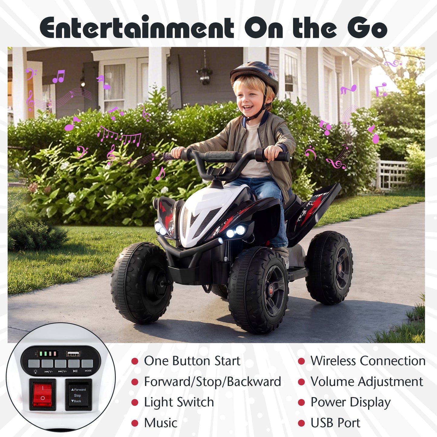 12V Kids Ride On ATV 4-Wheeler Quad with LED Lights and 7 mph Max Speed-Black