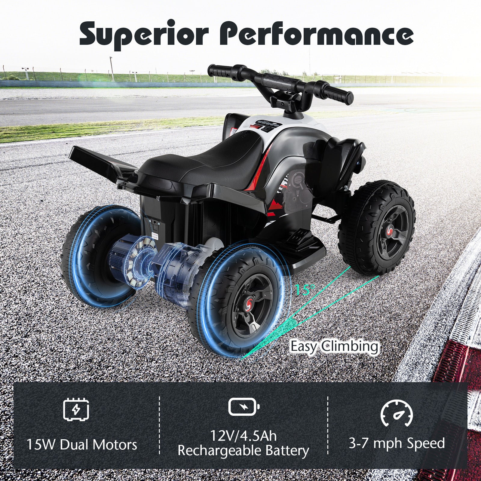 12V Kids Ride On ATV 4-Wheeler Quad with LED Lights and 7 mph Max Speed-Black