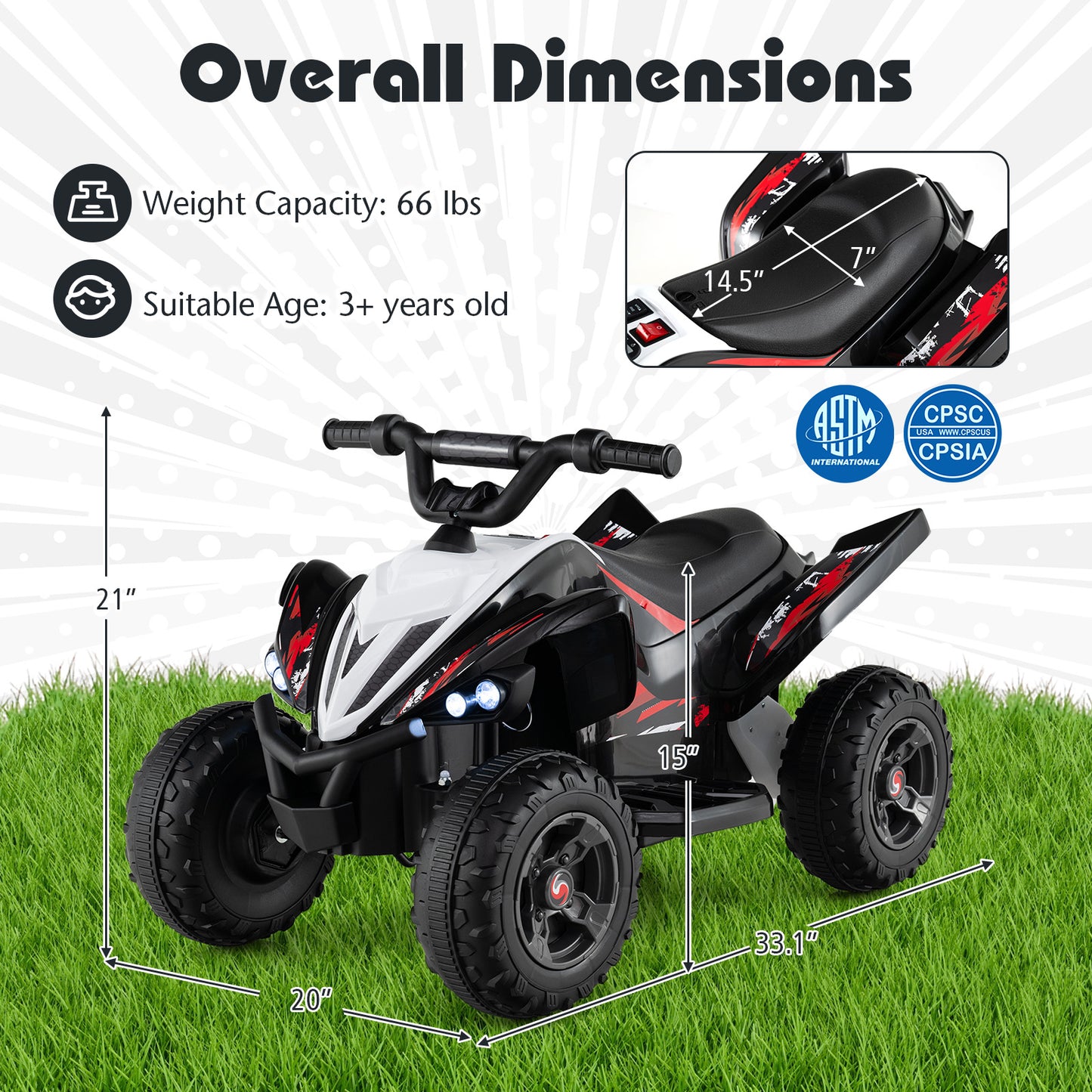 12V Kids Ride On ATV 4-Wheeler Quad with LED Lights and 7 mph Max Speed-Black