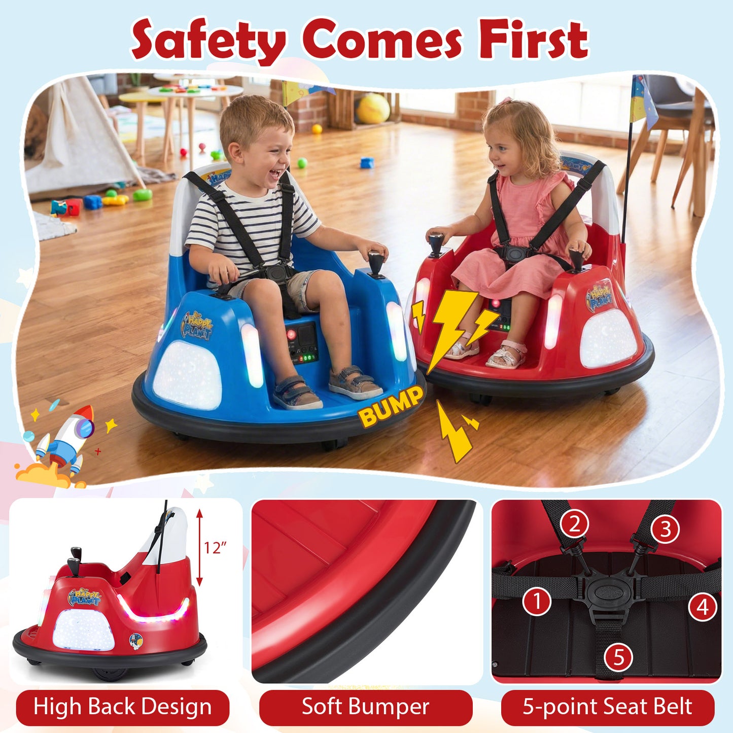 12V Kids Ride On Bumper Car with Remote Control and Flashing Lights-Red