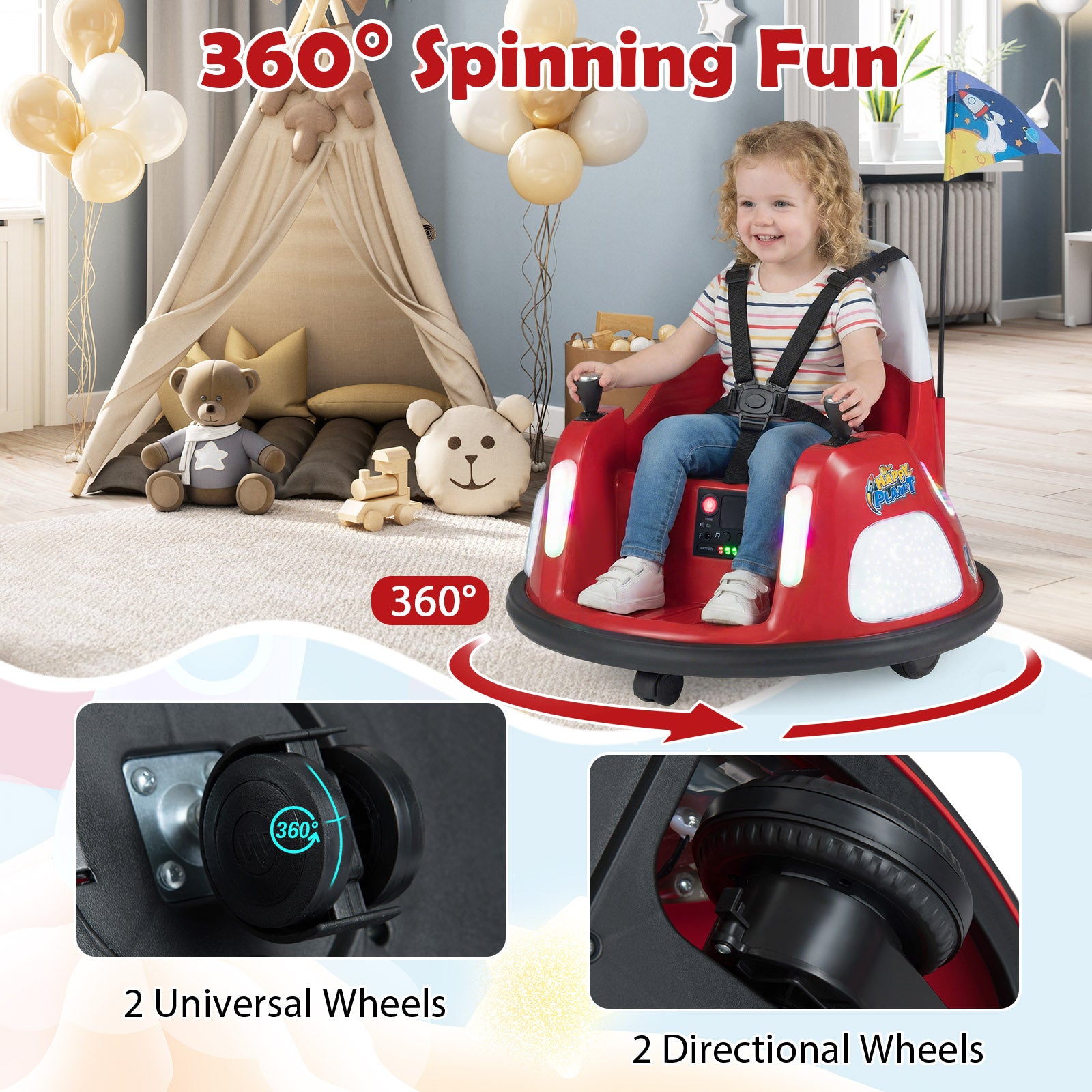 12V Kids Ride On Bumper Car with Remote Control and Flashing Lights-Red