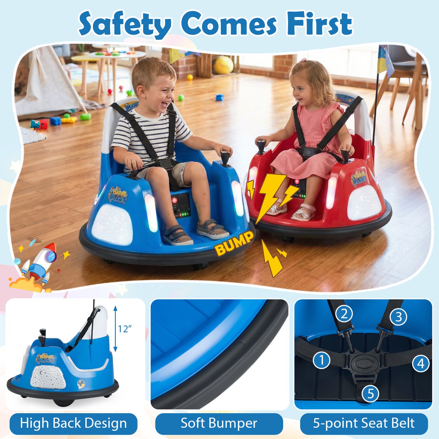 12V Kids Ride On Bumper Car with Remote Control and Flashing Lights-Blue