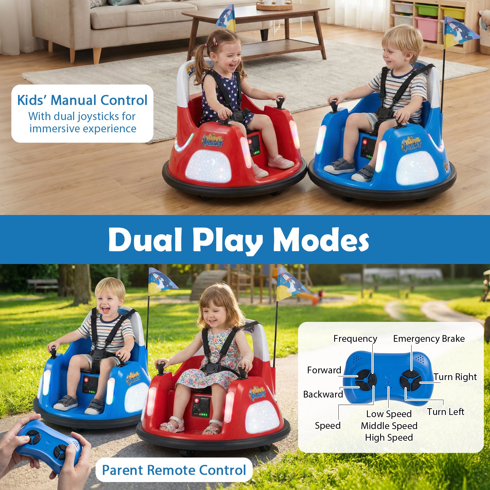 12V Kids Ride On Bumper Car with Remote Control and Flashing Lights-Blue