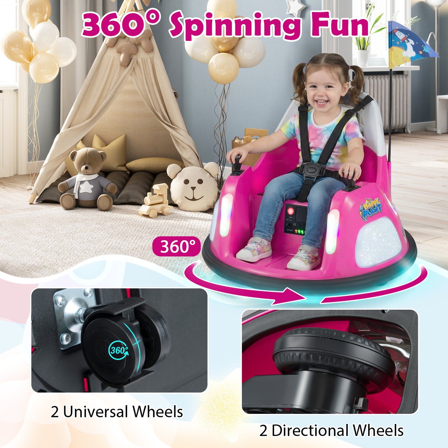 12V Kids Ride On Bumper Car with Remote Control and Flashing Lights-Pink