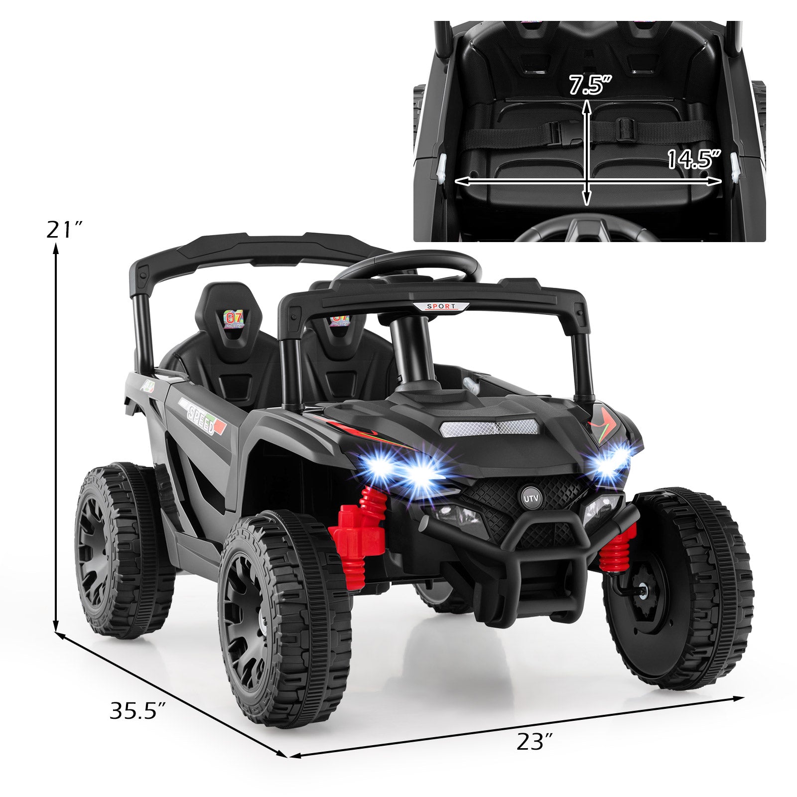 12V Kids Ride On Car UTV Electric Vehicle with LED Lights Music and Horn-Black