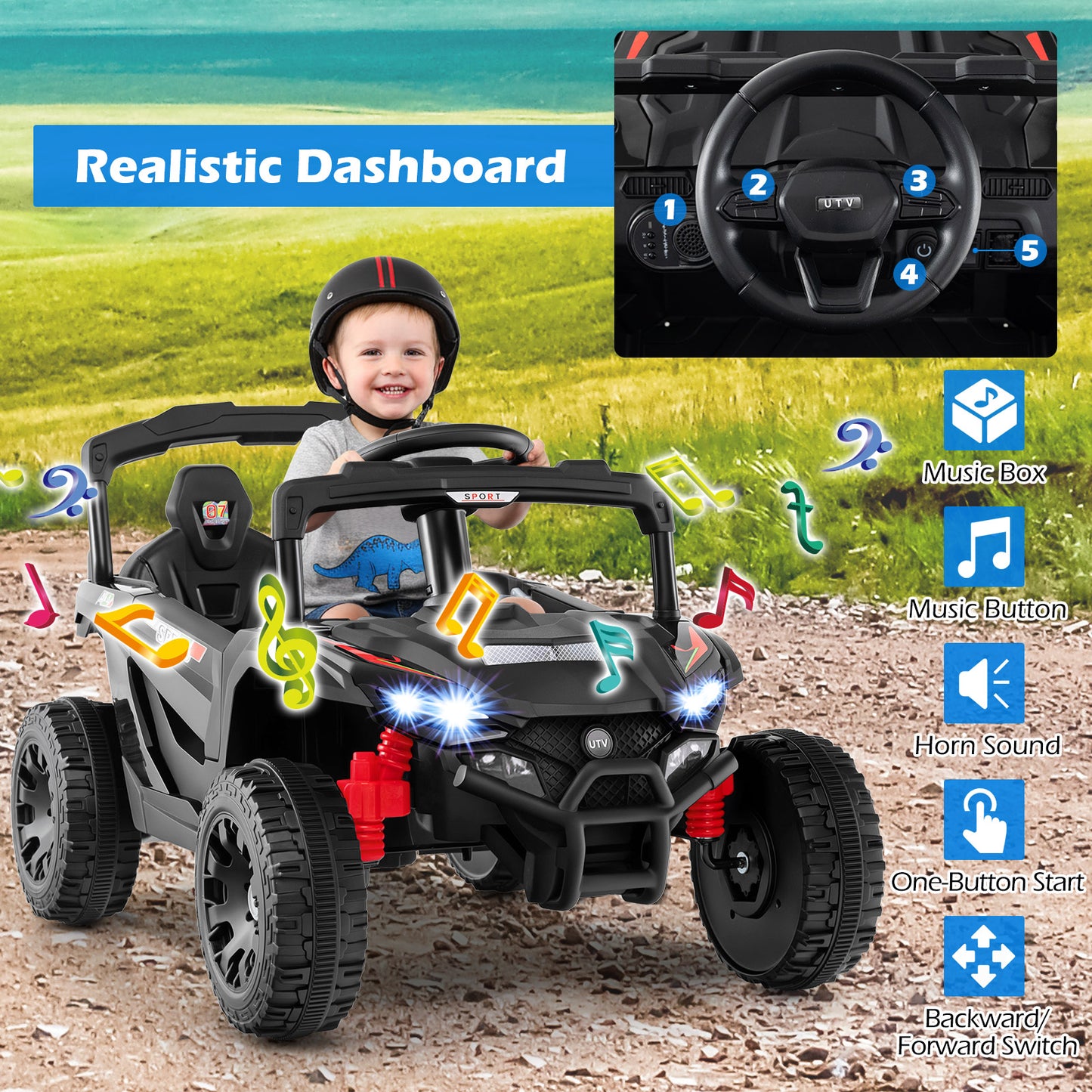 12V Kids Ride On Car UTV Electric Vehicle with LED Lights Music and Horn-Black