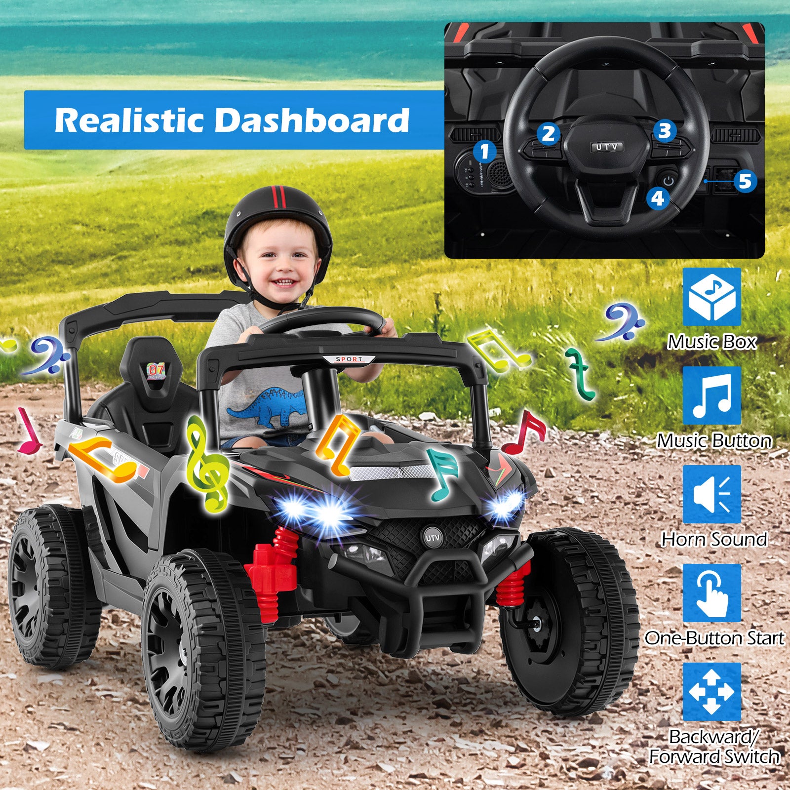 12V Kids Ride On Car UTV Electric Vehicle with LED Lights Music and Horn-Black