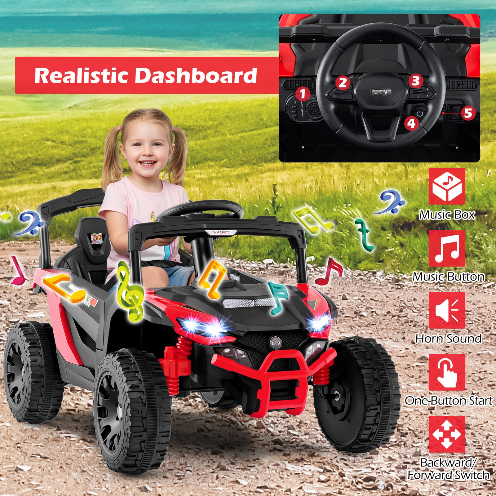 12V Kids Ride On Car UTV Electric Vehicle with LED Lights Music and Horn-Red
