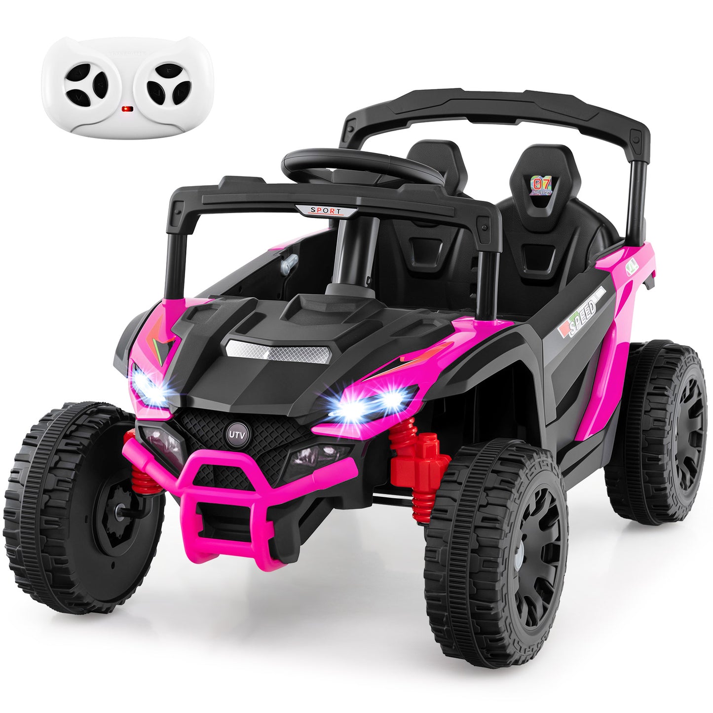 12V Kids Ride On Car UTV Electric Vehicle with LED Lights Music and Horn-Hot Pink