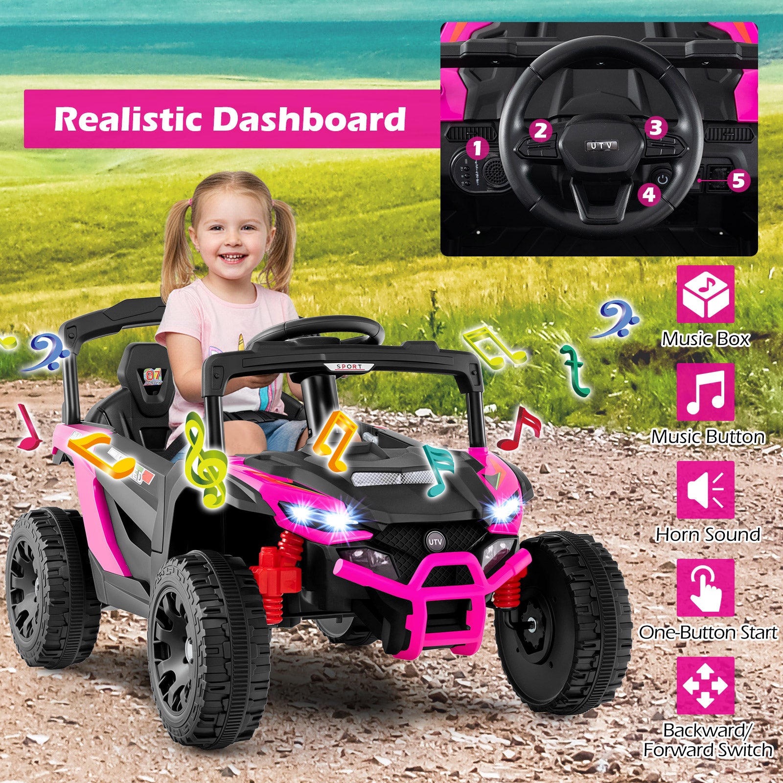 12V Kids Ride On Car UTV Electric Vehicle with LED Lights Music and Horn-Hot Pink