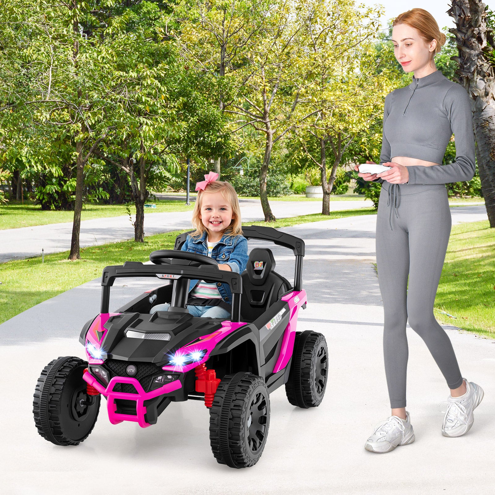 12V Kids Ride On Car UTV Electric Vehicle with LED Lights Music and Horn-Hot Pink