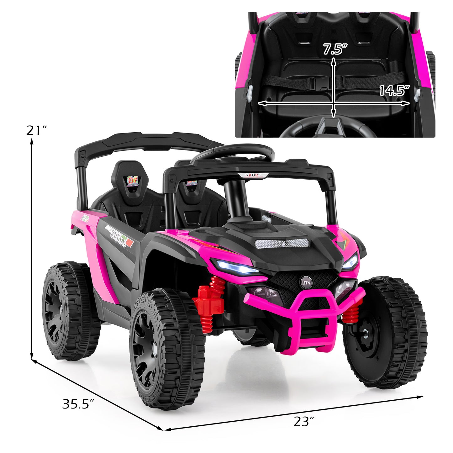 12V Kids Ride On Car UTV Electric Vehicle with LED Lights Music and Horn-Hot Pink
