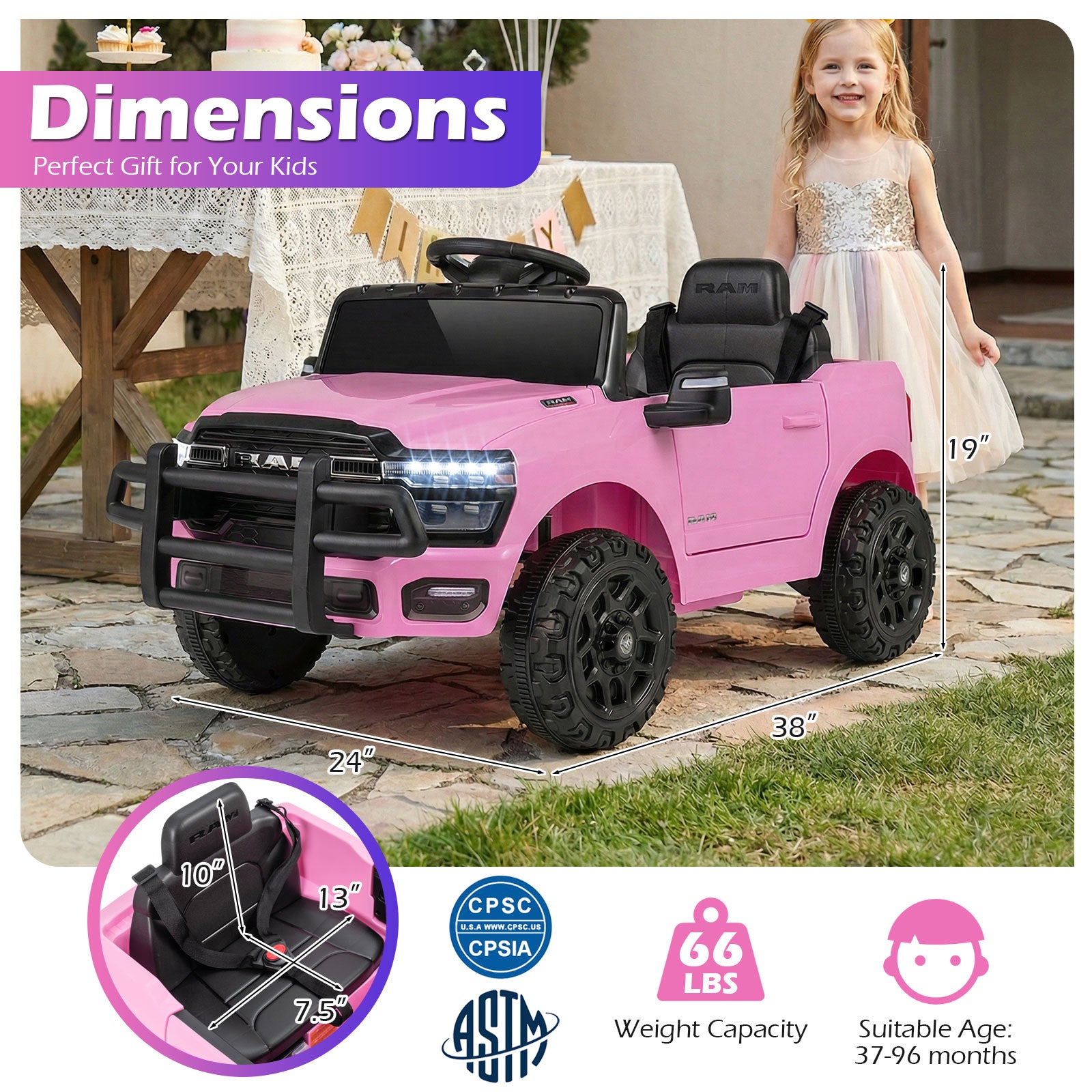 12V Kids Ride On Car Licensed RAM 3500 Electric Vehicle with Remote Control-Pink