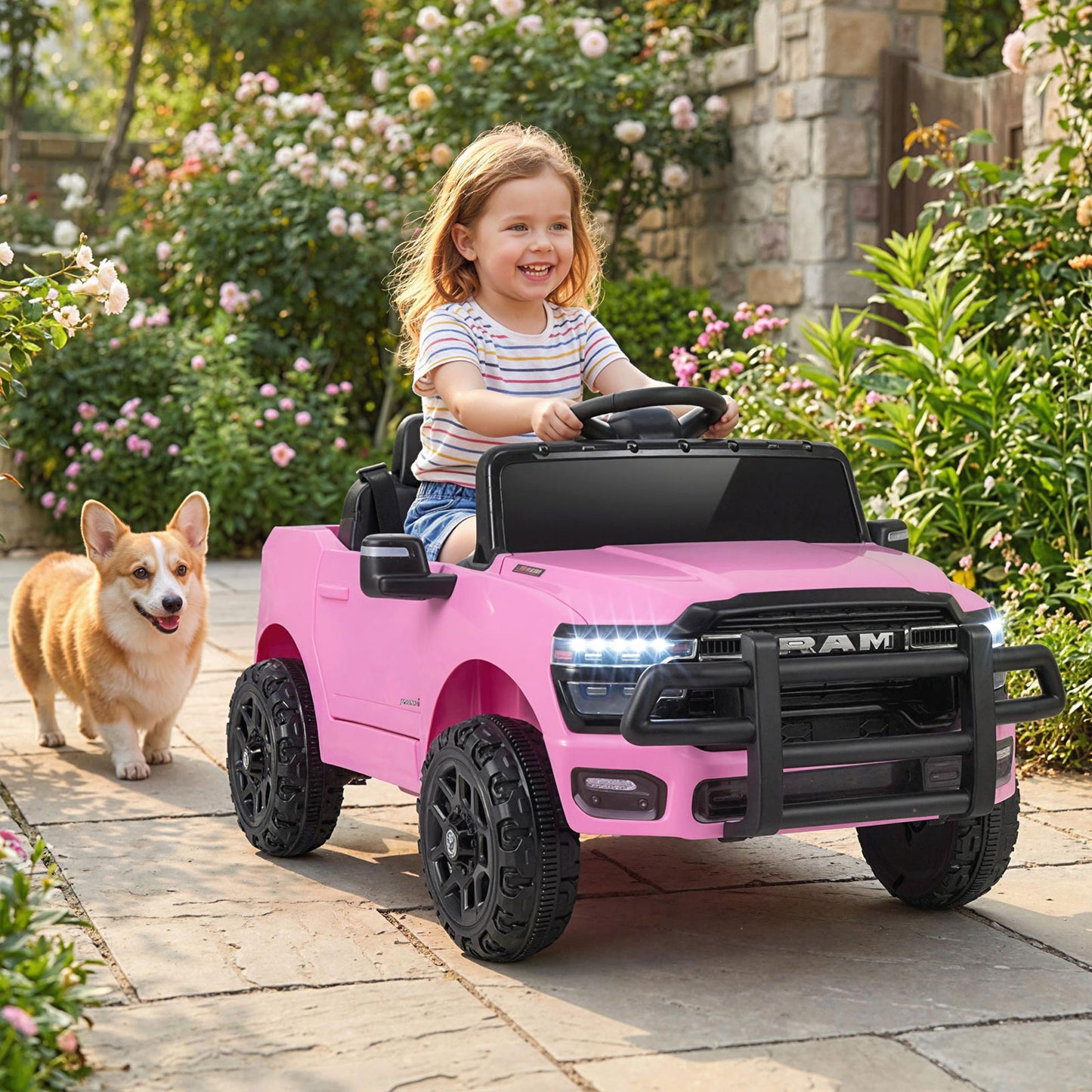 12V Kids Ride On Car Licensed RAM 3500 Electric Vehicle with Remote Control-Pink