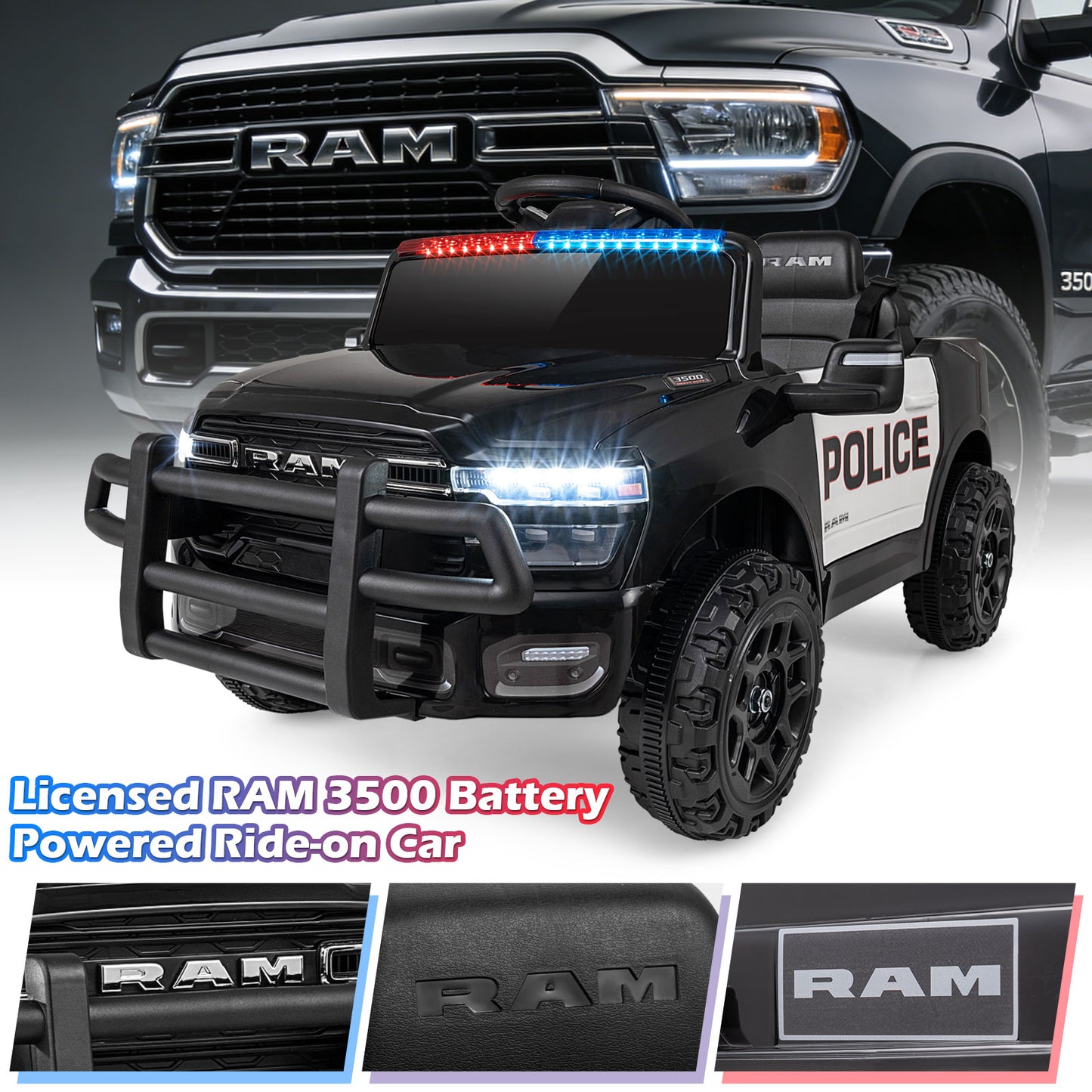 12V Kids Ride On Car Licensed RAM 3500 Electric Vehicle with Remote Control-Black