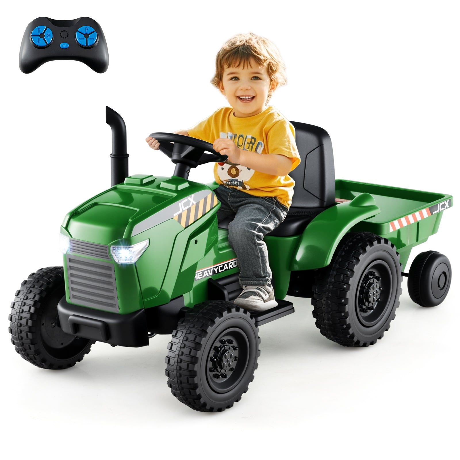 12V 2-in-1 Kids Ride On Tractor with Trailer and 3-Gear Shift-Green - Grayish Green