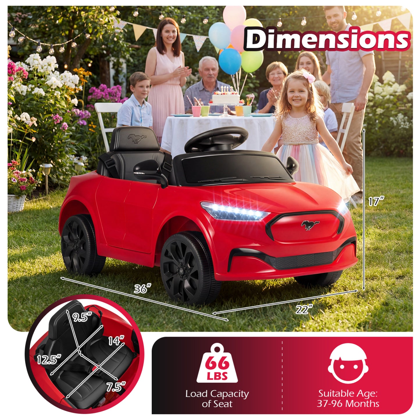 12V Kids Ride on Car Licensed Ford Mach E with Parent Control and Horn-Red