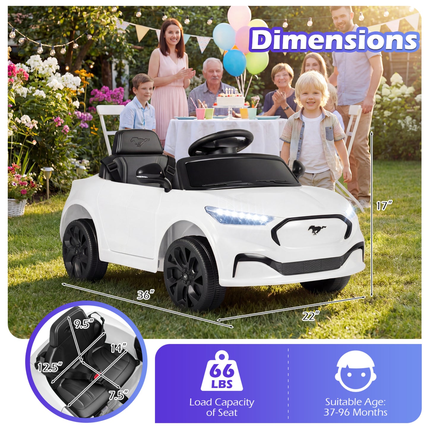 12V Kids Ride on Car Licensed Ford Mach E with Parent Control and Horn-White