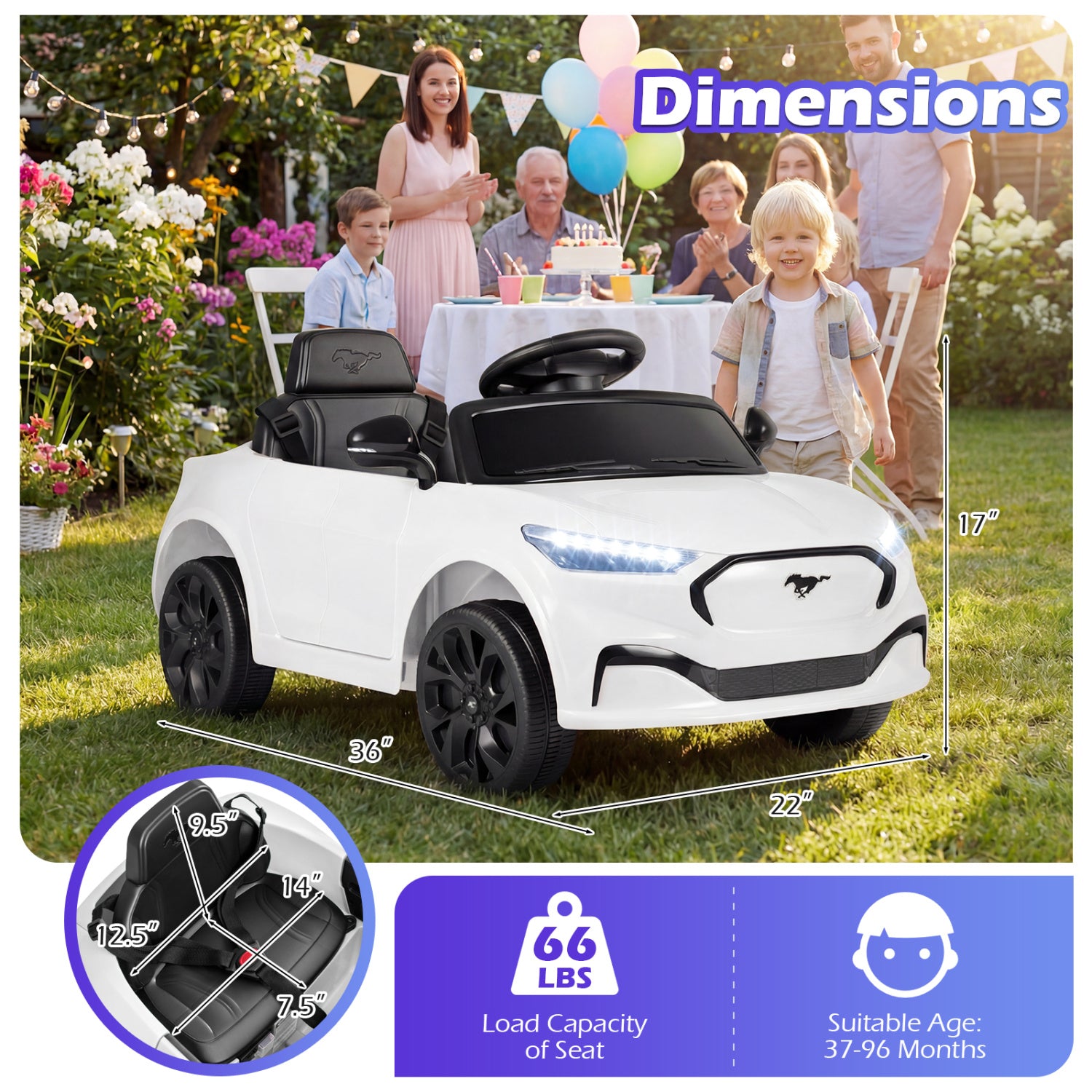 12V Kids Ride on Car Licensed Ford Mach E with Parent Control and Horn-White