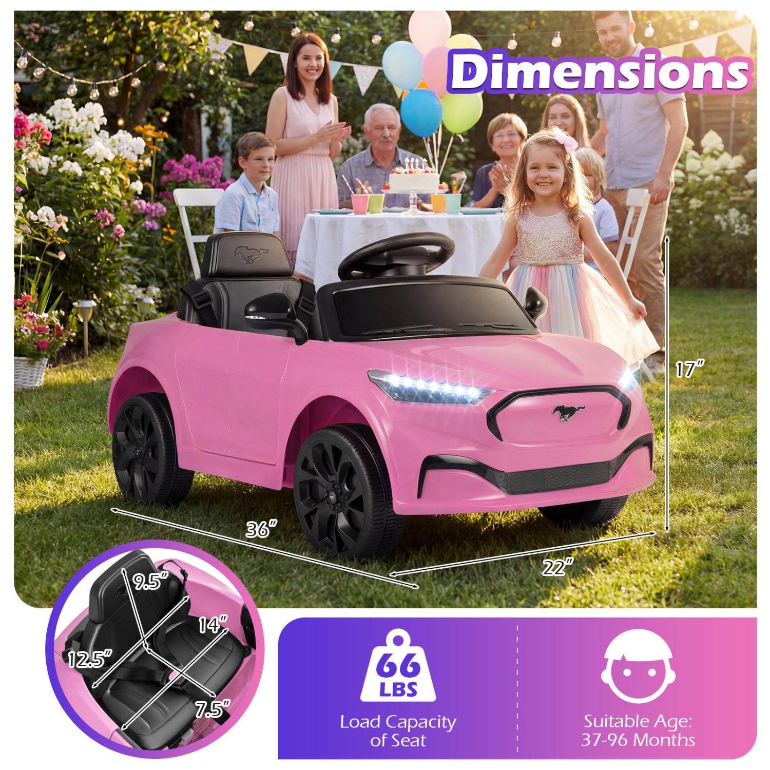 12V Kids Ride on Car Licensed Ford Mach E with Parent Control and Horn-Pink