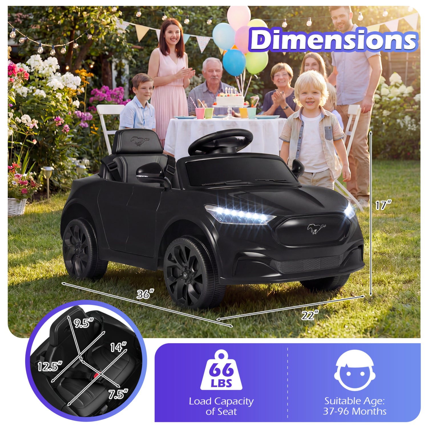 12V Kids Ride on Car Licensed Ford Mach E with Parent Control and Horn-Black