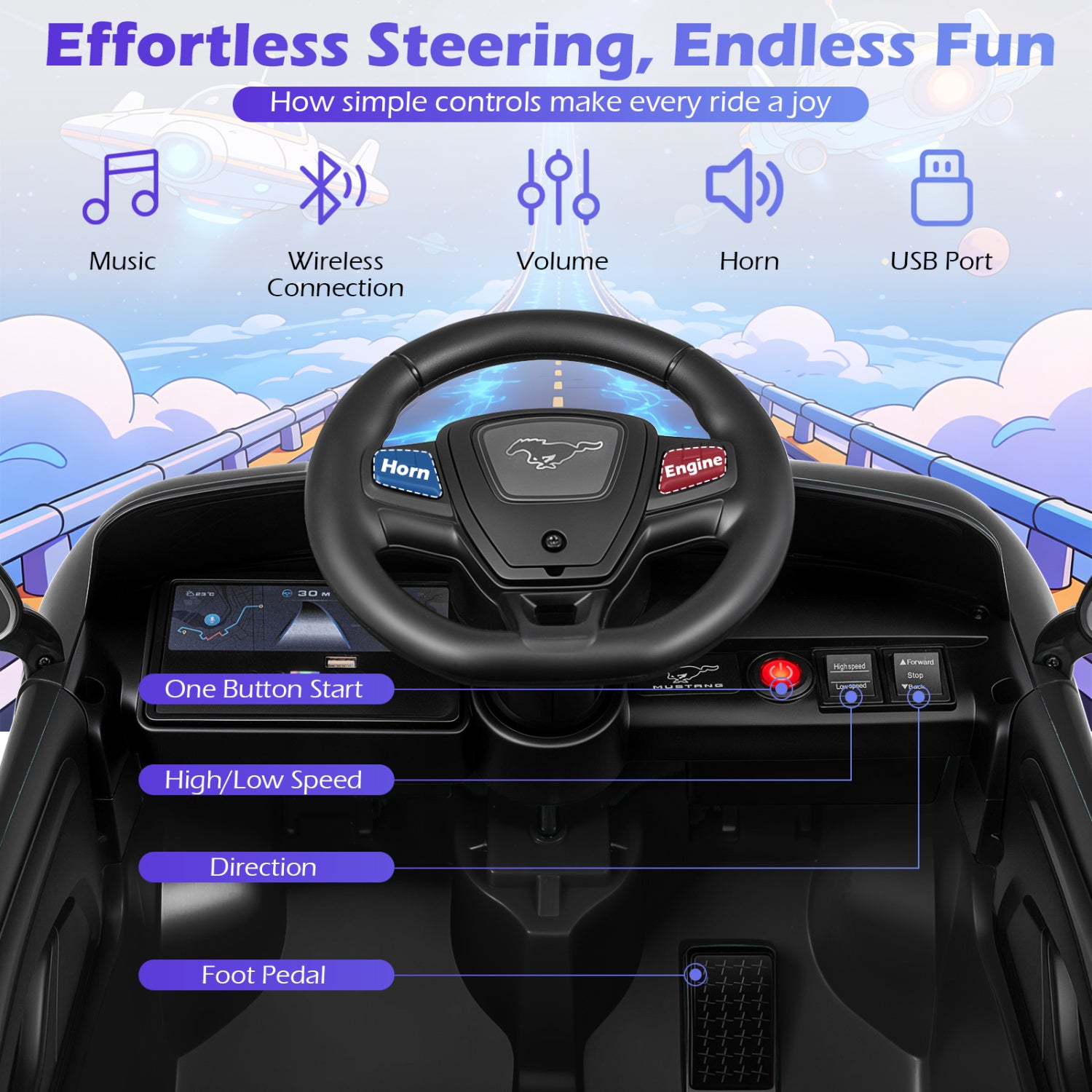 12V Kids Ride on Car Licensed Ford Mach E with Parent Control and Horn-Black