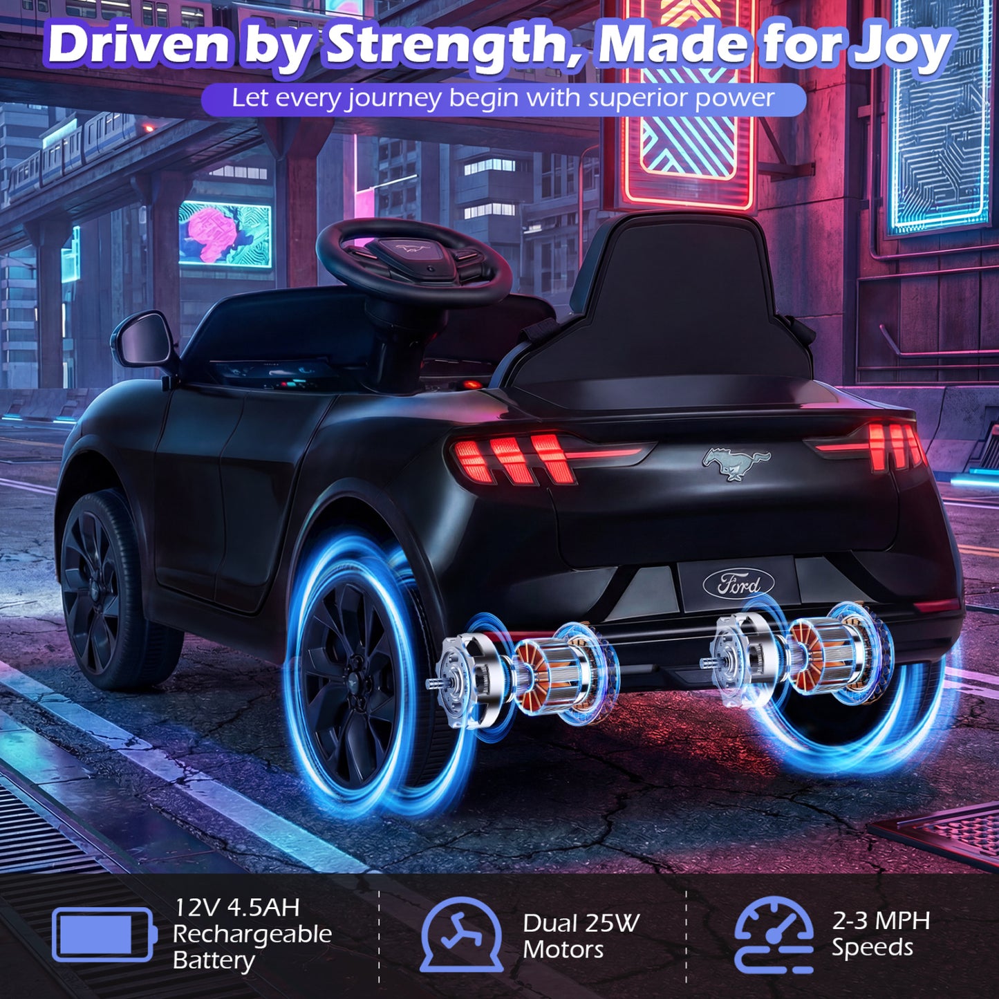 12V Kids Ride on Car Licensed Ford Mach E with Parent Control and Horn-Black