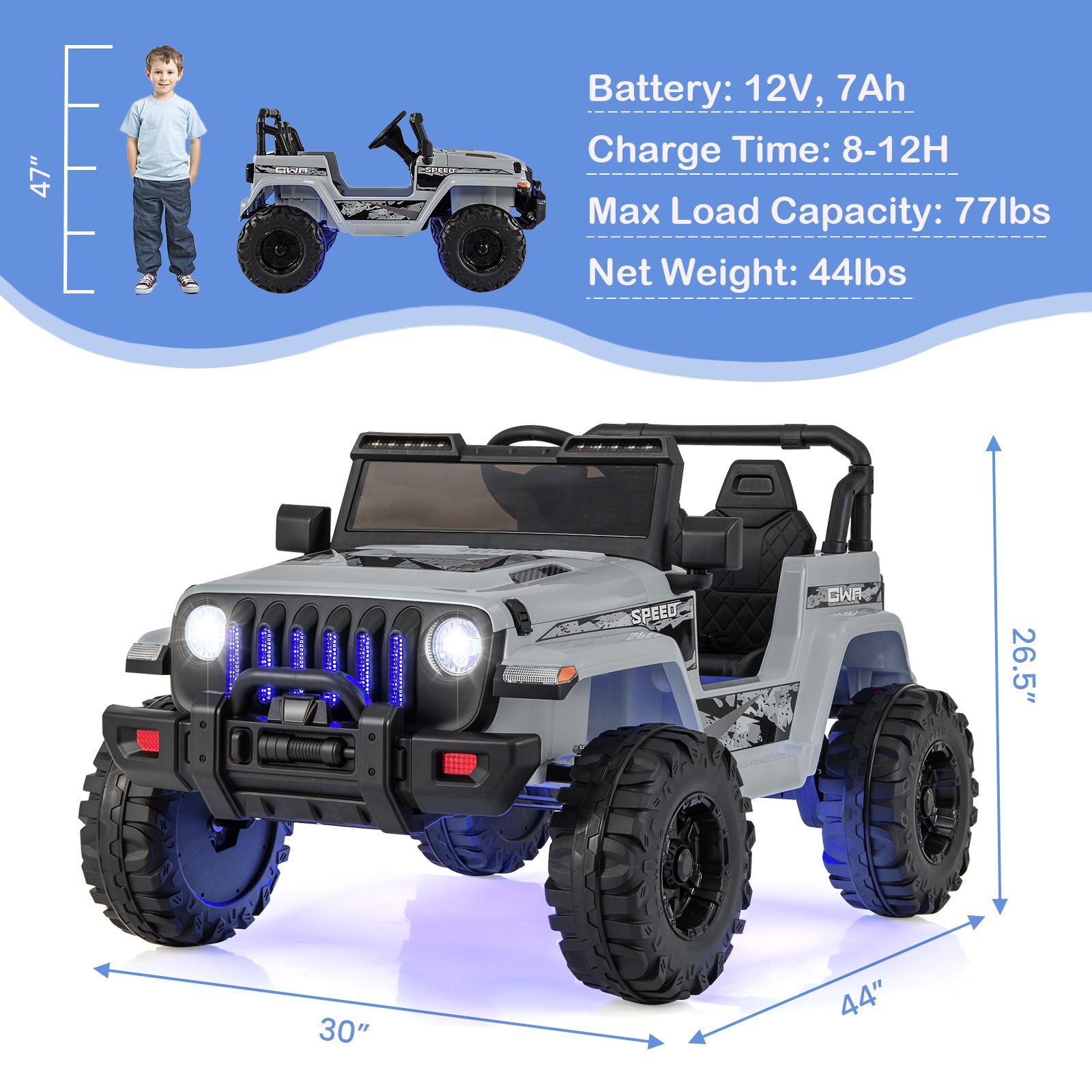 12V Kids Ride-on Jeep Car with 2.4 G Remote Control-White - Gray