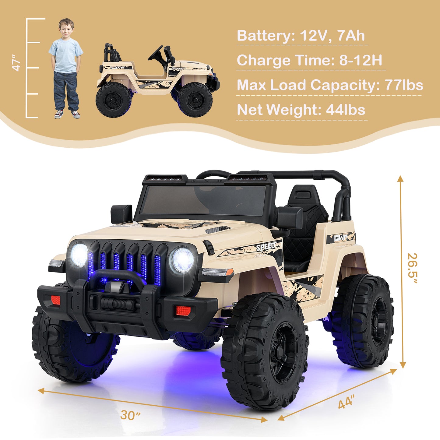12V Kids Ride-on Jeep Car with 2.4 G Remote Control-White - Khaki