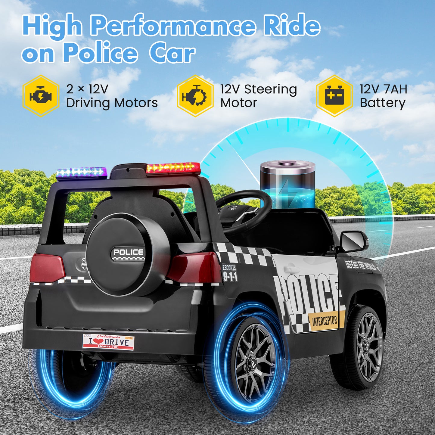 12V Kids Ride on Police Car with Remote and Siren Flashing Lights