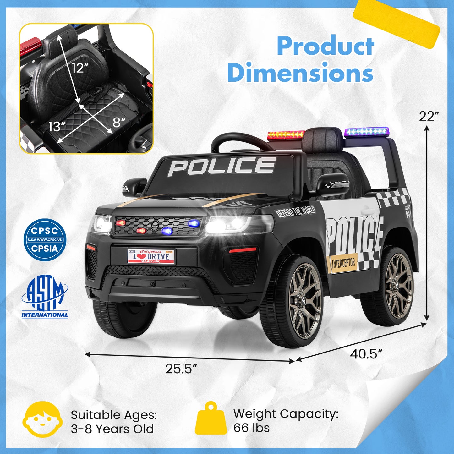 12V Kids Ride on Police Car with Remote and Siren Flashing Lights