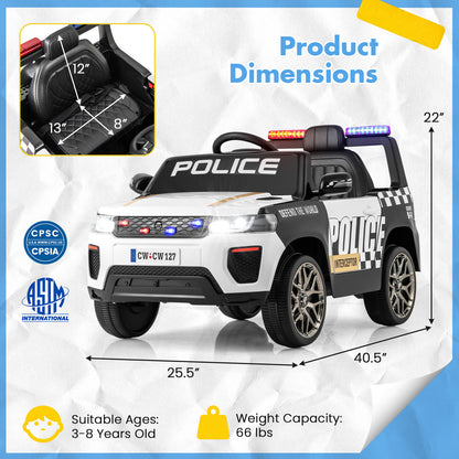 12V Kids Ride on Police Car with Remote and Siren Flashing Lights-White - White