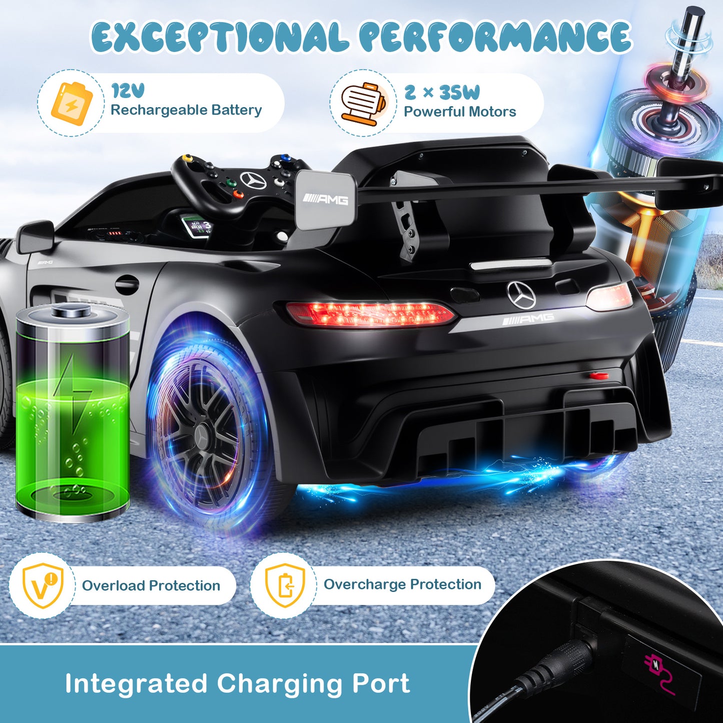 12V Kids Ride-On Car Mercedes-AMG GT3 Licensed with Adjustable Speed-Black
